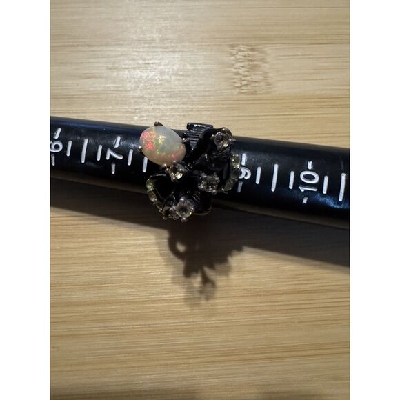 Citrine Opal Rhodium Plated Black Ring Size 8.5 - Picture 2 of 5